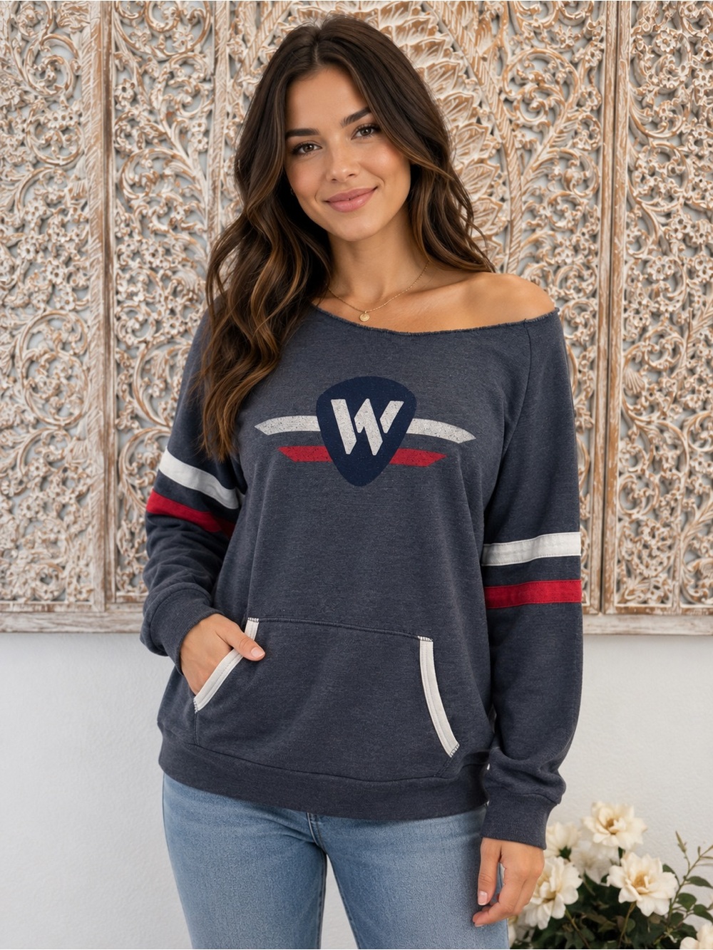 Alternative Apparel Off-Shoulder Fleece Sweatshirt Gray Varsity Stripe Pullover